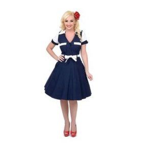 Unique Vintage Navy&White Fine&Dine Swing Dress